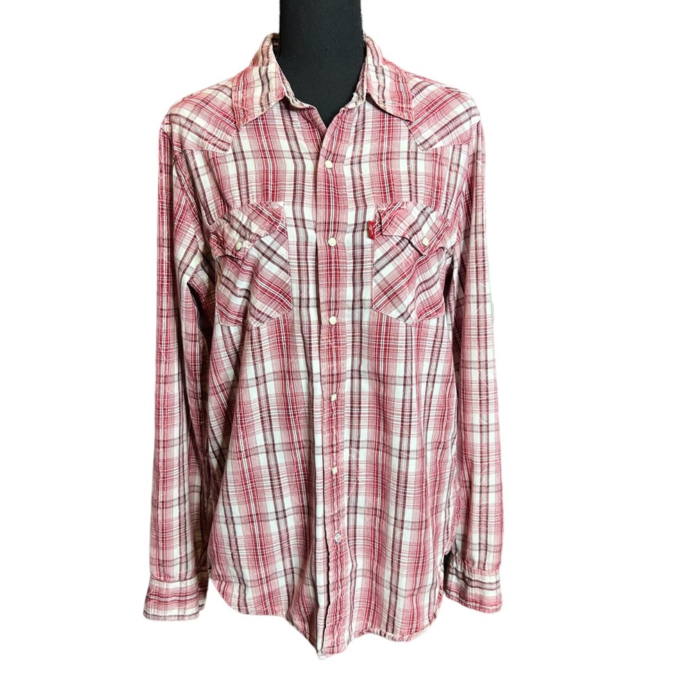 Women’s Levi Western Button Down Shirt Red White Plaid Pearl Snaps SZ Small